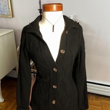 L.L. Bean True Vintage Wool Blend Black cable knit cardigan with button up