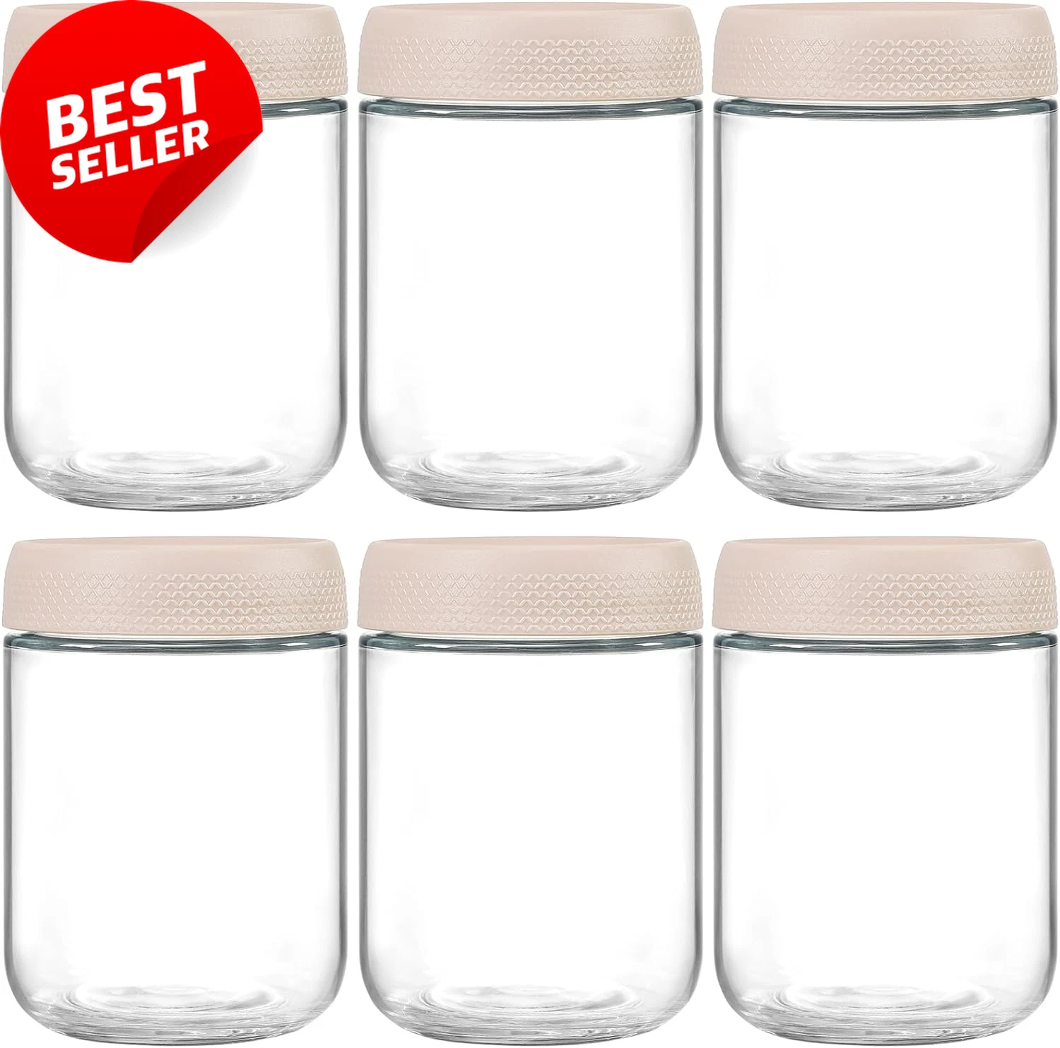 6 Pack 16oz Glass Jars Airtight Lids Mason Salad Overnight Oats Beige