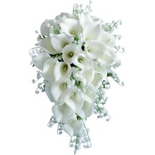 Wedding Bouquet for Bride, White Calla Lily Water Drop Waterfall Romantic Wed...