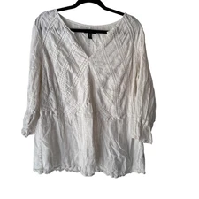 Lauren Jeans Co Ralph Lauren White Textured V Neck Top Plus 2X Cottage Peasant