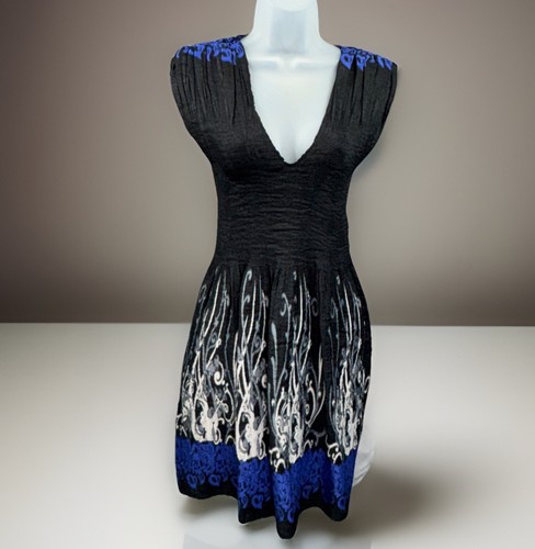 MAX EDITION NWT Dress Jacquard Smocked Top Fit-and-Flare Black /Blue Sz Large