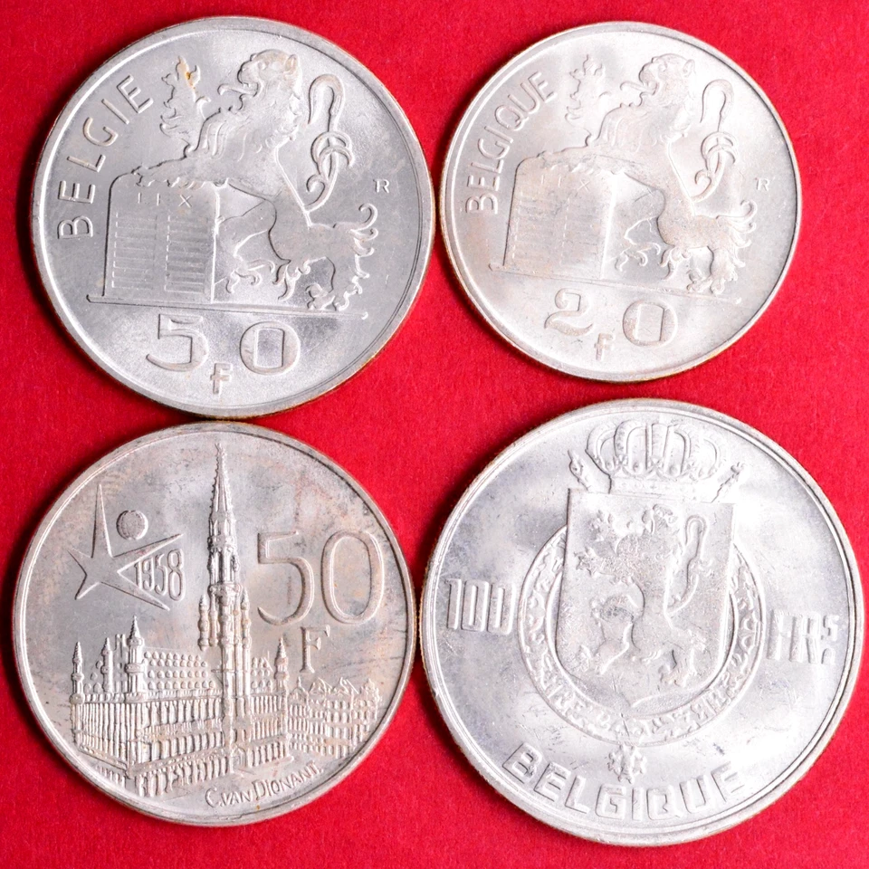 BELGIUM 4-COINS  1953 20 FR,  1954 50 FR, 1958 50 FR, 1954 100 FRANCS, 1.4 ASW - Image 2 of 4