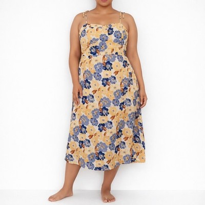CIDER Size 2X Floral Self-Tie Spaghetti Strap Smocked Faux Wrap Midi Dress