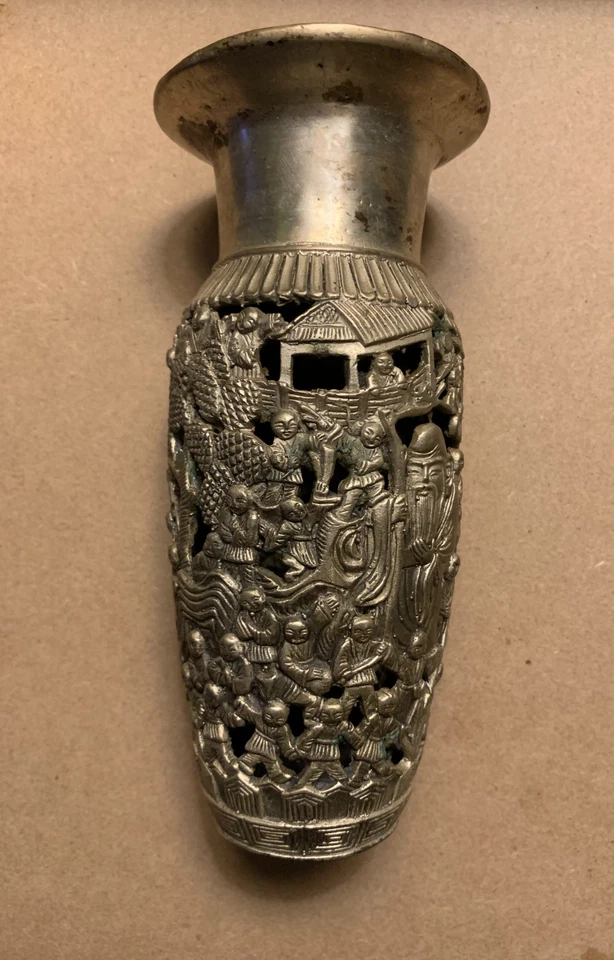 Jarrón chino de plata maciza con marca del período Guangxu de la dinastía Qing Foto 2 de 4