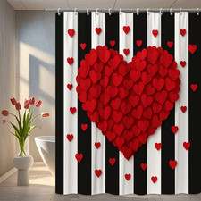 Red Heart Shower Curtain on Black and White Stripes