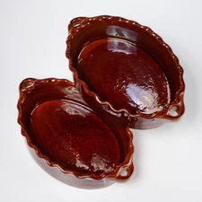 Set of Two Brown Stoneware Casserole Serving Bowls Dish Pair Handles Vintage