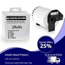 2Rolls Continuous Shipping Label DK-2243 Compatible for Brother QL-1060N 4"x100'
