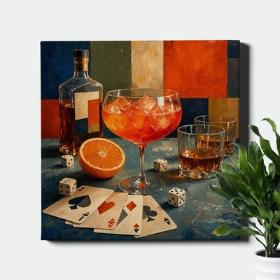 Cocktail Still Life Canvas Art Cards Dice Bottle Orange Drink