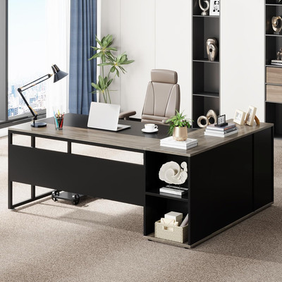 L-Shaped Executive Desk with Cabinet Storage for Home Office - Gray