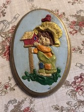 Vintage 1970s Oval Chalkware Boy Children Wall Plaques Hand Painted