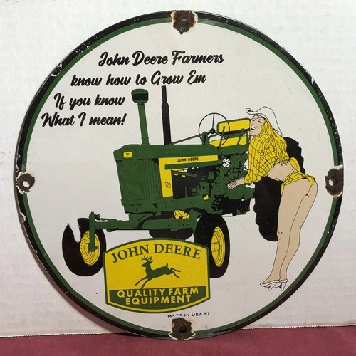 VINTAGE JOHN DEERE FARM EQUIPMENT TRACTORS 10” PORCELAIN GAS OIL SIGN