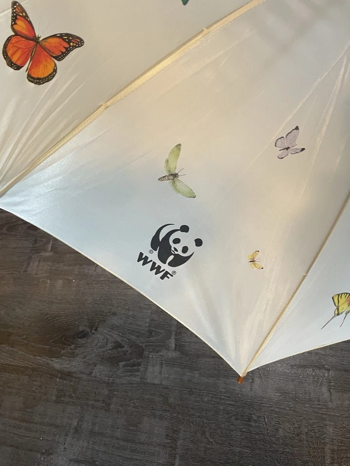 WWF Vintage Umbrella Cream Butterfly Print with Wood Handle - Image 2 of 4