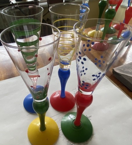 ORREFORS ANNE NILSSON CLOWN CHAMPAGNE FLUTE 10.5" GREEN STRIPE SET of 7 - Picture 16 of 17