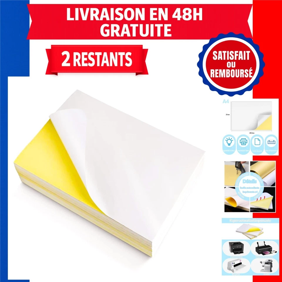 100 Feuilles A4 Autocollant Imprimante Papier Etiquette Adhésif Autocollant i... - Photo 1/4