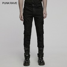 Punk Rave Men Black Gothic Punk Flap Pocket Slim Denim Pants Casual Trousers