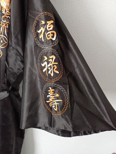 TANGYI MENS KIMONO ROBE BLACK & ORANGE EMBROIDERED SATIN XXL 42 - 48" ORENTIAL - Picture 6 of 19
