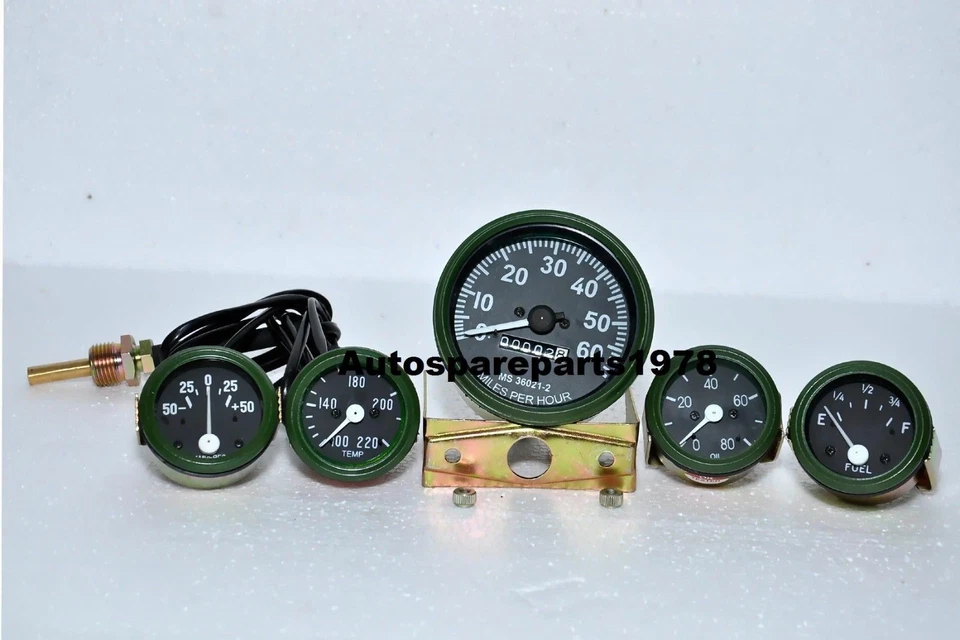 Kit de medidores Willys MB Jeep Ford GPW - velocímetro + temperatura + aceite + combustible + amperio (verde) Foto 3 de 3