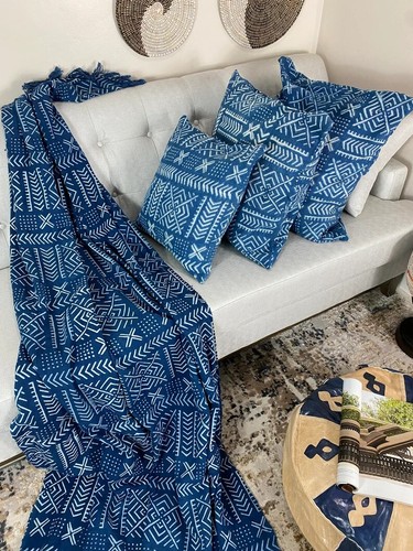 Lolo Blue Handmade Mudcloth Segou Blanket Bogolan Textile Bedsheet Boho Decor - Picture 9 of 10