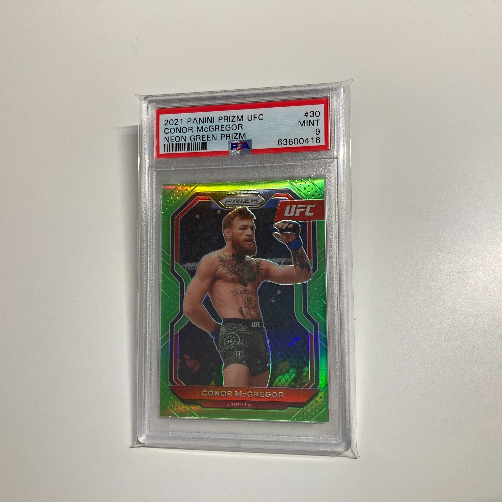 Conor McGregor 2021 Panini Prizm UFC Neon Green Refractor Card 37/75 #30 PSA 9 view 2