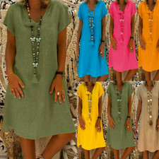 Women Knee-Length Dress Casual Loose Plain V-Neck Kaftan Shirt Dresses Plus Size