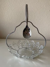 Glass Clear Relish/Jelly Dish with Silver Metal Hanging Spoon & Stand
