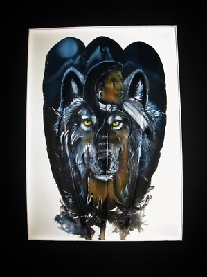 Moonlit Native American Indian Warrior & Spirit Wolf - Painted Three Feather