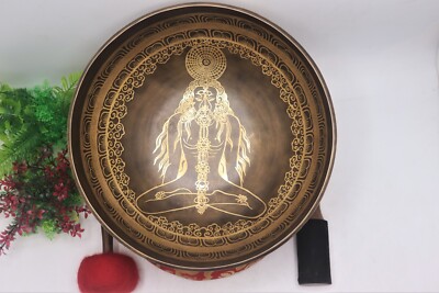  12-Inch Handcrafted Singing Bowl - Meditating Yogi with Vajra and Mantras  
