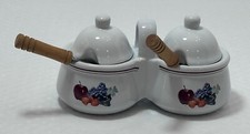 VTG Houston Harvest Ceramic Double Condiment/Jelly Bowls, White W/ Fruit Design