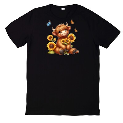 Highland Cow Sunflower Print Cotton T-Shirt