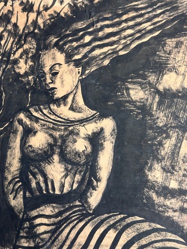 Painting Antique Expressionist Large Portrait Woman Landscape Ink Spring - Picture 4 of 9