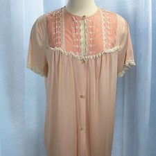 Vtg Komar Antron Peach Nightgown Short Robe Lingerie Lace Embroidered Rose sz M