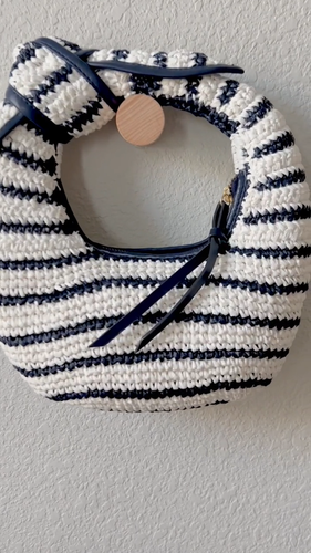 NEW Poolside Josie Raffia Knot Bag Navy Blue White Stripe Nautical Beach Mini - Video 1 of 1