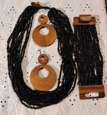 Vntg Hndcrafted Blk Beaded Necklace Bracelet & French Wire Earrings Wood Accents