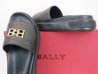 NIB BALLY JAXONS BLACK LEATHER B CHAIN GOLD LOGO SANDALS  display picture 3