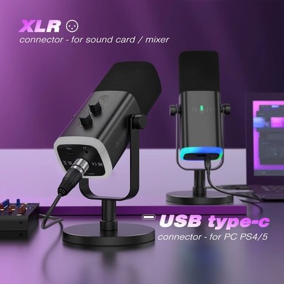 FIFINE AM8 USB XLR Dynamic Microphone RGB Gaming Streaming Mic For PC PS5 Mixer