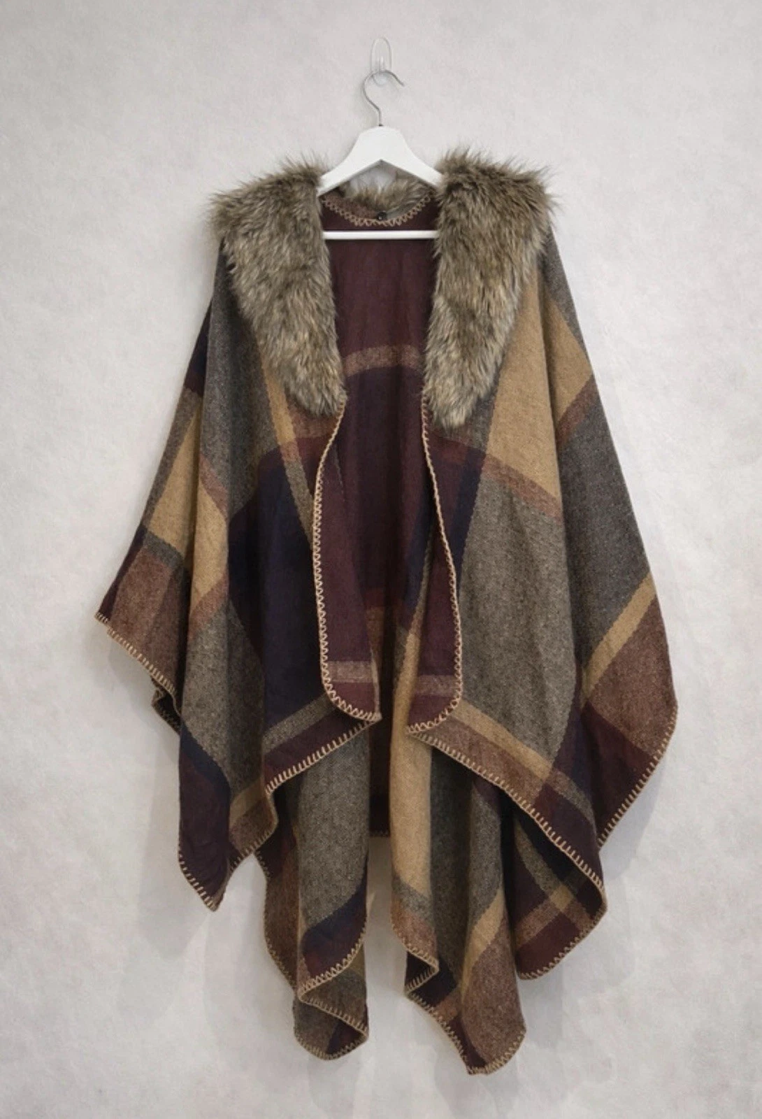 Accessorize Faux Fur Collar Cape Poncho Shawl Wrap Tartan Check Brown One Size