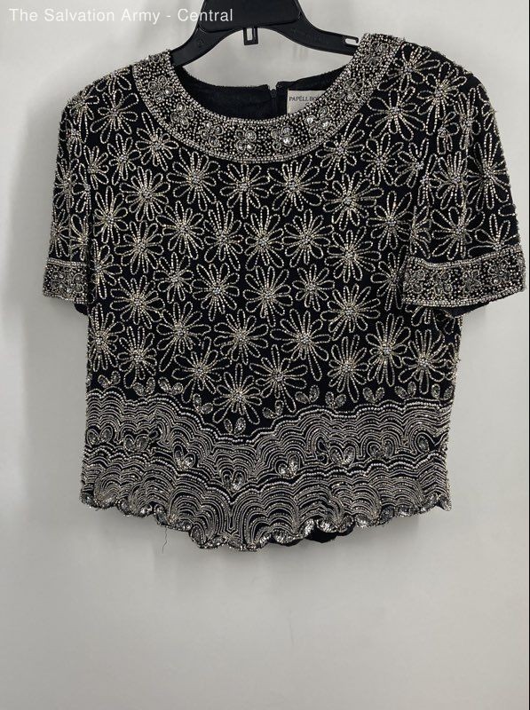 Vintage Papell Boutique Womens Black Floral Evening Beaded Blouse Top Size Large