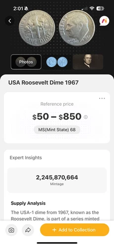 1967 SMS Roosevelt Dime certified MS 68 by NGC!