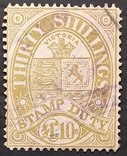 1888 Victoria Australia £1/10 Pl Olive Stamp Duty P12.5 WMk V/crn Sways usd£300