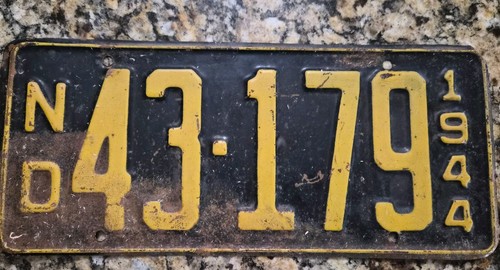 Vintage 1944 North Dakota License Plate - Original Black & Yellow, Family Owned