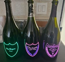 3 Empty Dom Perignon Luminous Bottle, Lady Gaga Dom P Rose And Brut 1.50lt Vinta