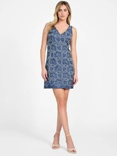 GUESS Caylee Embroidered Dress Women's 2 Blue Ribbon Sleeveless Zip Closure