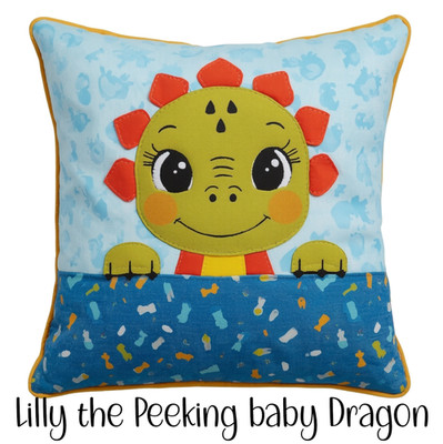 Applikation Patchwork Kissen Quilt Muster Vorlage. Dilly the Peeking Baby Dragon