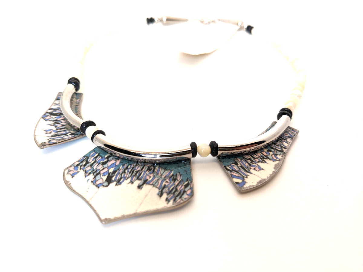 Vintage NOS Iridescent Porcelain Necklace Wild Dove Ceramics Super Unique View 3