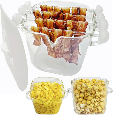 Glass Microwave Bacon Cooker, Microwave Popcorn Popper, 100Oz Glass Jar with Sil