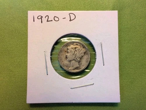 1920-D Mercury Dime, 90% Silver, Light Toning, VF detail