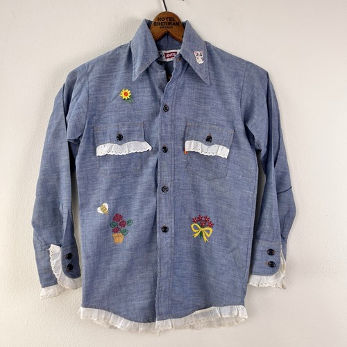 Vintage 70s Levi’s Shirt Chambray Youth Size 12 Embroidered Hippie Orange Tab