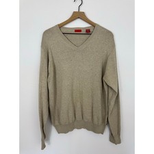Izod Men  s V Neck Sweater Large Beige Tan Cotton Knit Pullover Classic Fit L