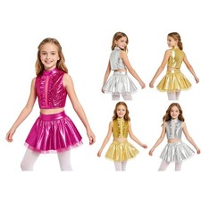 US Kids Jazz Dance Performance Outfit Mock Neck Sleeveless Crop Top with Skirt
