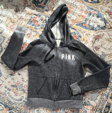 PINK Gray Full Zip Logo Hoodie w/ Pockets Women s XS Cotton Knit